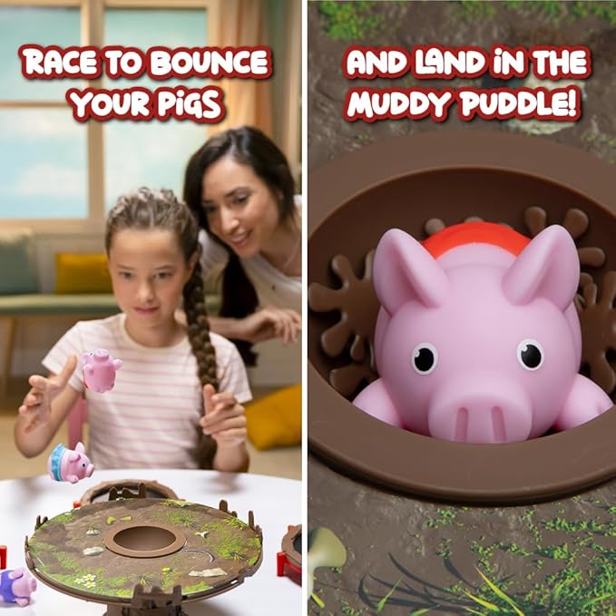 PlayMonster Pigs on Trampolines Board Games – Multi-Player, Preschool Toys, Hand-Eye-Coordination Game, The Muddiest Pig Wins, Ages 6+