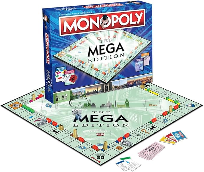 Winning Moves Mega Monopoly Board Game, 12 Extra Spaces Including Downing Street, Saville Row and Knightsbridge, Invest in Skyscrapers, for Ages 8 Plus