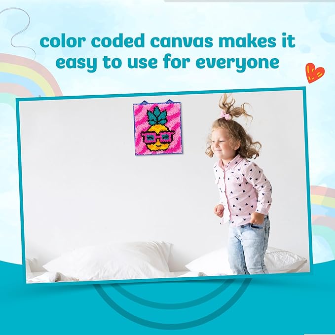 PlayMonster LatchKits for Wall Hangings & Mini-Rugs - Pineapple - Craft Kit with Easy, Color-Coded Canvas, Pre-Cut Yarn & Latch Hook Tool - Perfect DIY Craft for Kids - Ages 6 and Up, Small, Multi