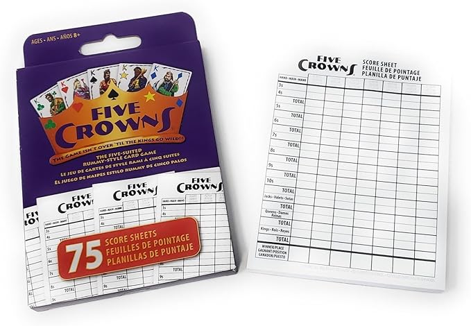 PlayMonster - Five Crowns Scorepad - 75 Page 2-Sided Card Game Replacement Score Sheets, 7 Players Ages 8+