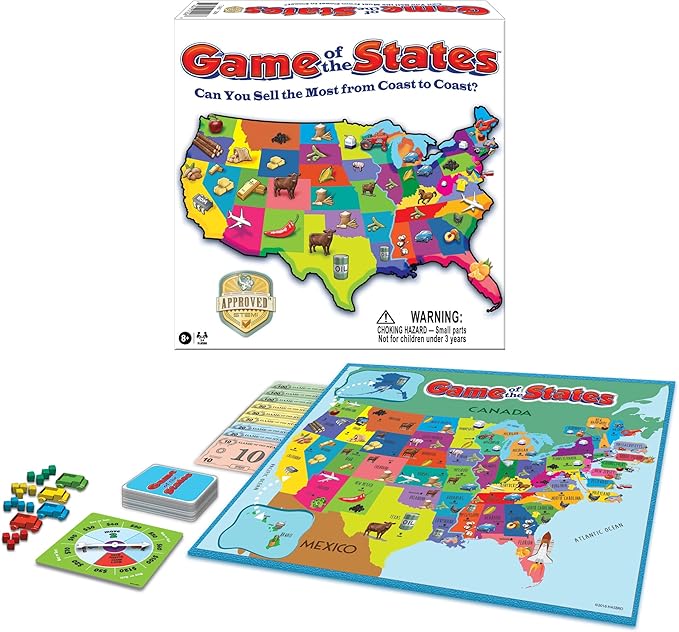 Game of The States with 1970's Original Artwork, by Winning Moves Games USA, Children's Pick Up and Deliver Game, for 2 to 4 Players, Ages 8 and up