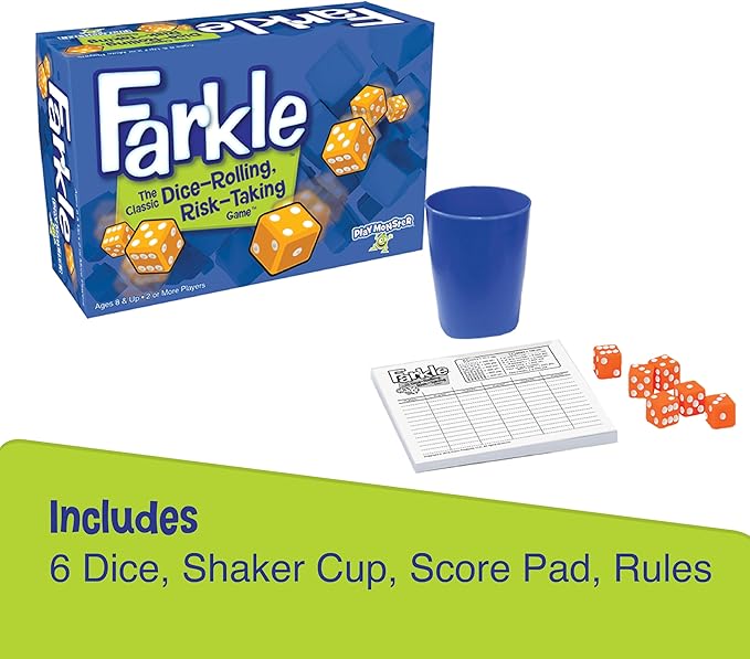 PlayMonster Farkle Classic Dice Games – Kids, Family Games, Travel Game, Adult Games, Board Game, Dice Cup, Dice Set, Farkle Score Sheets Included, Ages 8+