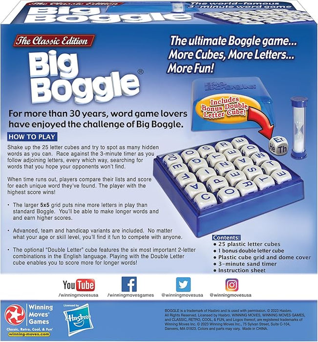 Winning Moves Big Boggle with 5x5 Grid and 25 Letter Cubes Games USA, Thought Provoking Word Game Bigger Than The Original, for 2 or More Players, Ages 8+