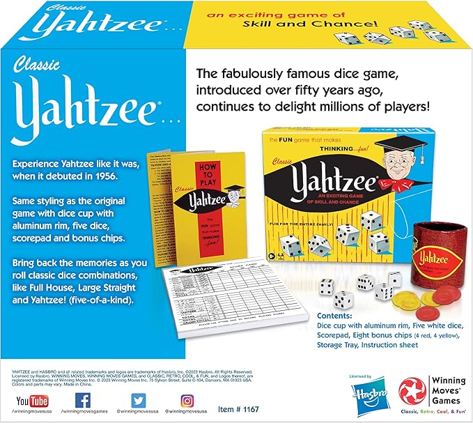 Winning Moves Classic Yahtzee with Retro Artwork, an Exciting Game of Skill and Chance with Original Components Games USA, for Ages 8 and Up, 2 or More Players