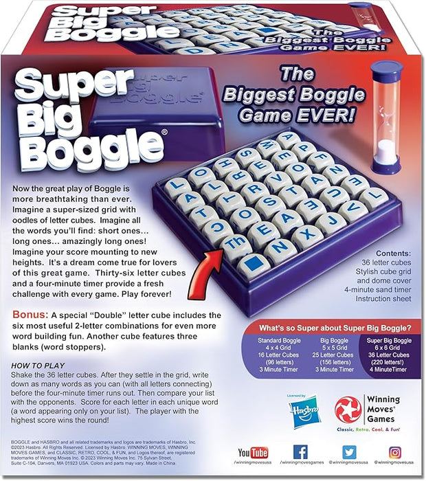 Winning Moves Super Big Boggle with 6x6 Grid and 36 Letter Cubes Games USA, The Biggest Boggle Game Ever, 4 Minute Sand Timer, for 2 or More Players, Ages 8+