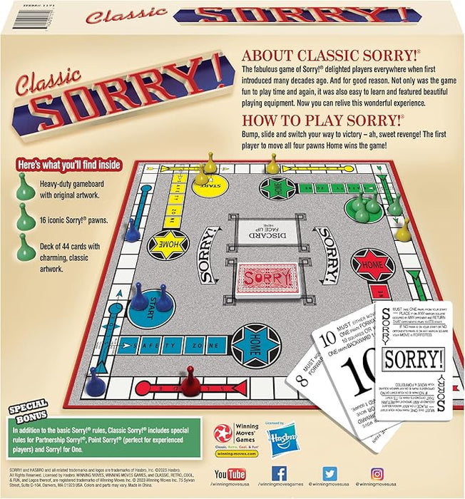 Classic Sorry with Retro Artwork and Components by Winning Moves Games USA, a Family Favorite for Almost 100 Years, for 1-4 Players, Ages 6+