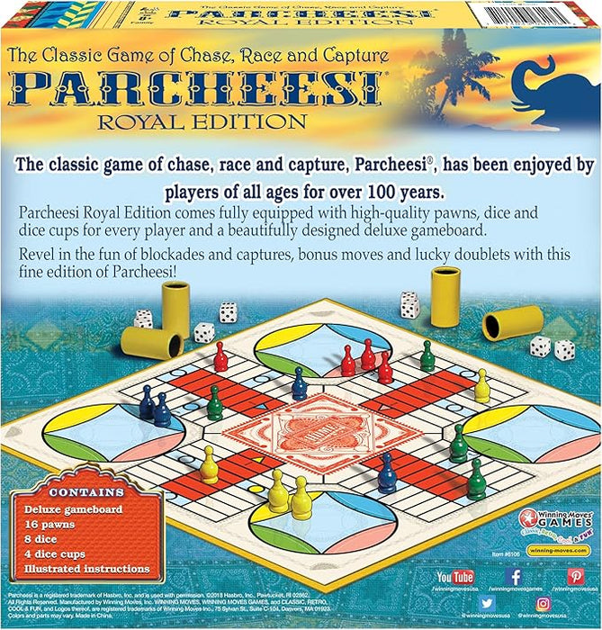 Parcheesi Royal Edition by Winning Moves Games USA, Classic Family Favorite Featuring Charming Artwork, Tokens and dice Cups for 2-4 Players, Ages 8+