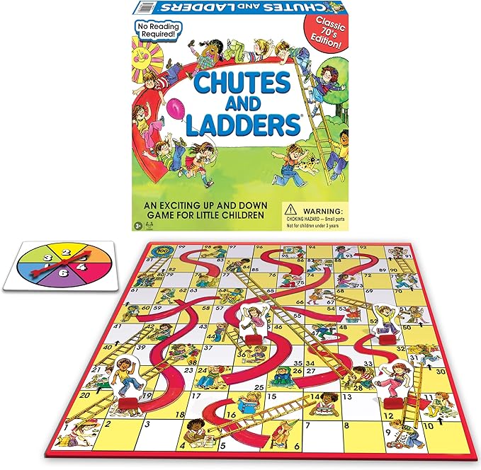 Classic Chutes and Ladders with 1970's Artwork by Winning Moves Games USA for Children Ages 3 and Up, Preschool Games for 2-4 Players