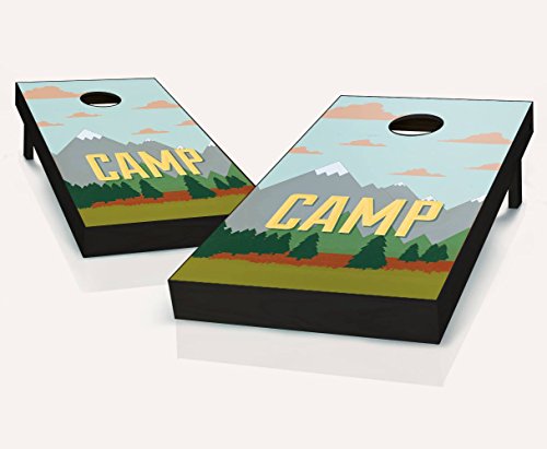 Camp MOUNTAIN Themed Cornhole Boards Regulation Size Game Set Baggo Bean Bag Toss + 8 ACA Regulation Bags