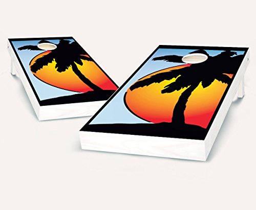 Sunset PALM TREE Cornhole Boards Regulation Size Game Set Baggo Bean Bag Toss + 8 ACA Regulation Bags