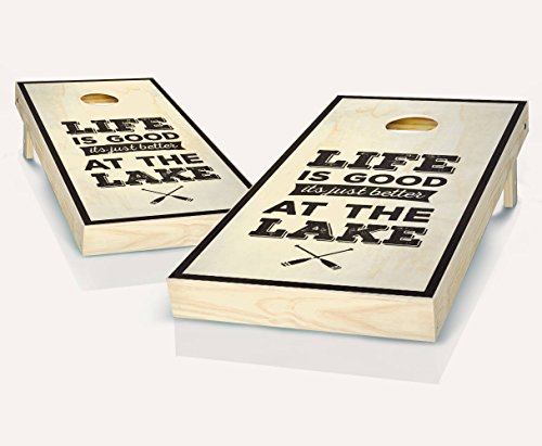 Life is Better at the Lake Ebony Stained Custom Cornhole Boards Regulation Size Game Set Baggo Bean Bag Toss + 8 ACA Regulation Bags