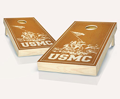 USMC Marines Military Maple Stained Custom Cornhole Boards Regulation Size Game Set Baggo Bean Bag Toss + 8 ACA Regulation Bags